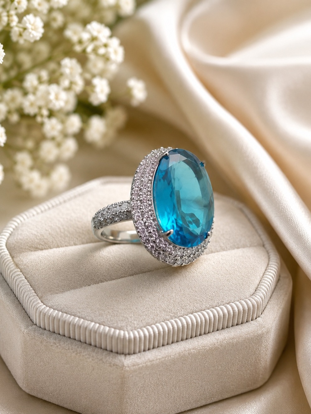 Elegant White Gold Filled Blue Topaz Halo Cocktail Ring - Women Jewelry Size 8